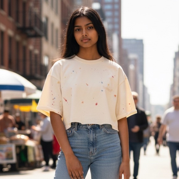 Madhappy Tops - MadHappy Customized Ivory Logo Splatter Cacti off Cropped Tee One Size